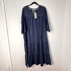 NWT National Vintage Blue Chambray Denim Midi Dress M Tiered MuuMuu Boho Western